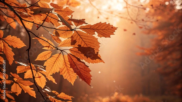 Fototapeta Warm sunlight filtering through a canopy of golden autumn leaves creates a magical, misty atmosphere in the forest, highlighting the vibrant colors of fall and nature's beauty