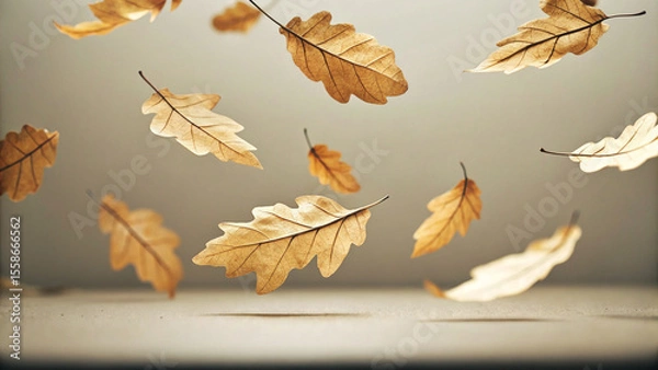 Fototapeta Dry oak leaves gently falling and swirling against a neutral background, creating a poetic atmosphere of autumn. Colors of golden brown enhance the seasonal beauty and tranquility