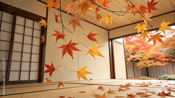 Fototapeta Beautiful red and orange maple leaves falling and swirling gently in the wind inside a traditional japanese house with tatami mats, creating a serene autumn atmosphere