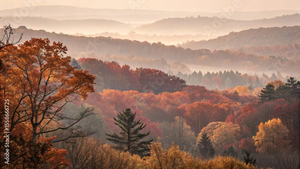 Fototapeta Warm sunlight illuminates layers of colorful trees and rolling hills covered with a blanket of mist during a serene autumn morning, creating a breathtaking natural panorama