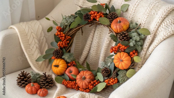 Fototapeta Festive autumn wreath featuring pumpkins, berries, pine cones, and eucalyptus leaves resting on a soft, knitted blanket draped over an armchair, celebrating fall's warm colors