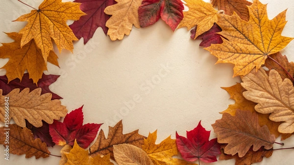 Fototapeta Vibrant arrangement of fall foliage in various shades of red, orange, and yellow forms a decorative border on a neutral background, evoking the cozy and inviting atmosphere of autumn