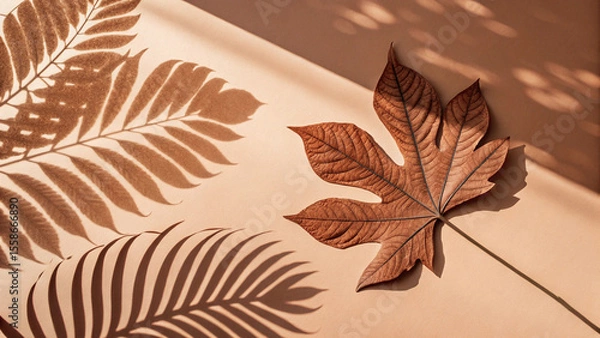 Fototapeta Warm sunlight illuminating a brown leaf against a beige backdrop, casting soft palm tree shadows and evoking a serene autumnal atmosphere filled with natural beauty