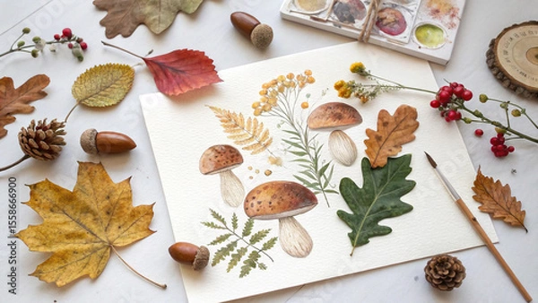 Fototapeta Watercolor painting of mushrooms, leaves, and berries on white paper surrounded by real autumn leaves, acorns, pine cones, and berries with paint palette and brush creating an autumnal atmosphere
