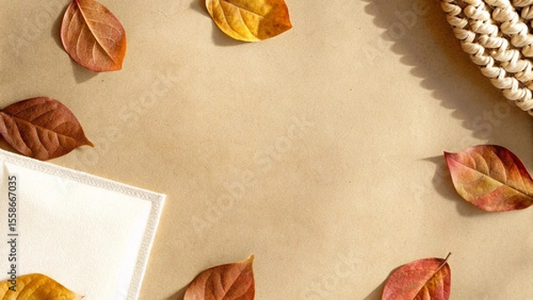 Fototapeta Vibrant autumn leaves in shades of red, orange, and yellow arranged on a beige background, creating a beautiful frame with ample space for text, evoking a warm fall atmosphere