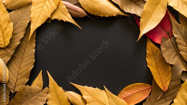 Fototapeta Colorful autumn leaves arranged on a dark background creating a natural frame with copy space. Perfect for seasonal designs and thanksgiving themes. Capturing the warm and vibrant atmosphere of fall