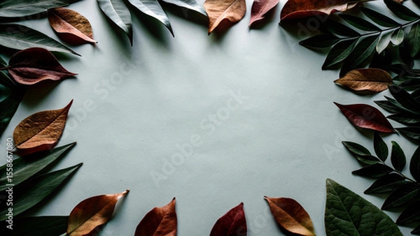 Fototapeta Colorful autumn leaves and green branches forming a frame on a light blue background, creating a beautiful negative space for text or design, perfect for autumn themed projects