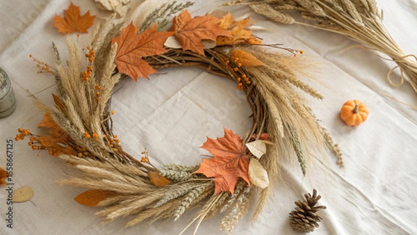 Fototapeta Decorative fall wreath being assembled with dried flowers, wheat, and orange leaves on a beige linen tablecloth, creating a cozy autumn atmosphere for thanksgiving or halloween decorations