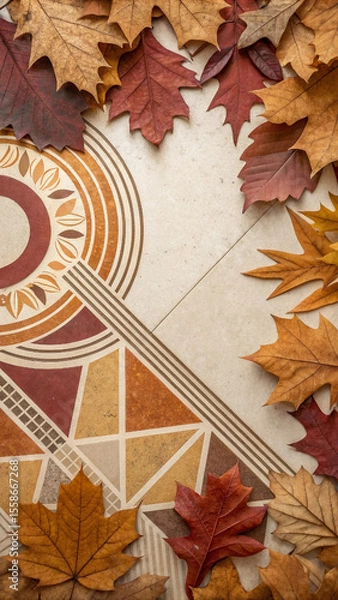 Fototapeta Colorful autumn leaves creating a vibrant frame on a white background adorned with a geometric pattern, evoking a warm and inviting fall atmosphere