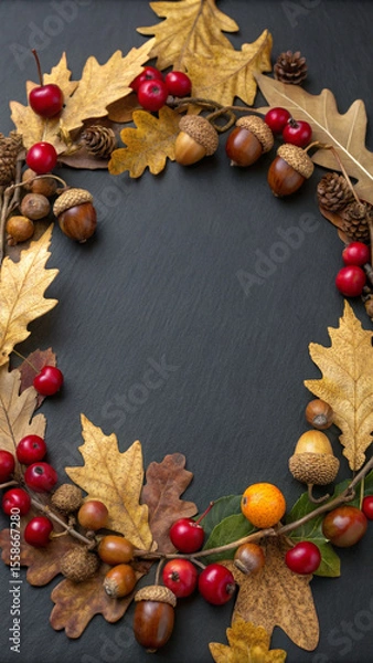 Fototapeta Beautifully crafted autumnal wreath, adorned with vibrant fall leaves, acorns, pine cones, and red berries, hangs on a black door, creating a warm and inviting atmosphere