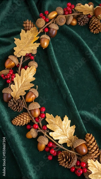 Fototapeta Beautifully crafted autumnal wreath, adorned with vibrant fall leaves, acorns, pine cones, and red berries, hangs on a black door, creating a warm and inviting atmosphere