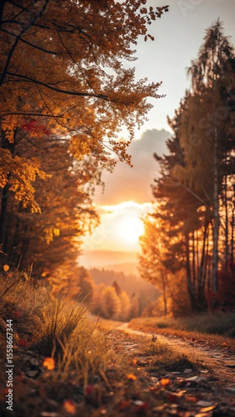 Fototapeta Warm sunlight filters through colorful leaves and misty fog, creating a serene autumn forest scene at sunset, with a dirt road winding through the trees