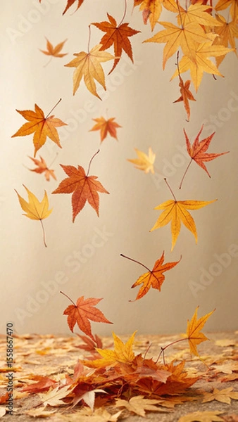 Fototapeta Colorful autumn leaves falling and accumulating on the ground, creating a warm and inviting atmosphere with their vibrant hues against a soft, neutral background