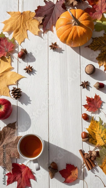 Fototapeta Warm tea, an open book, a cozy sweater, dry oak leaves, pine cones, and acorns create a relaxing autumn atmosphere on a white wooden background, perfect for a quiet afternoon