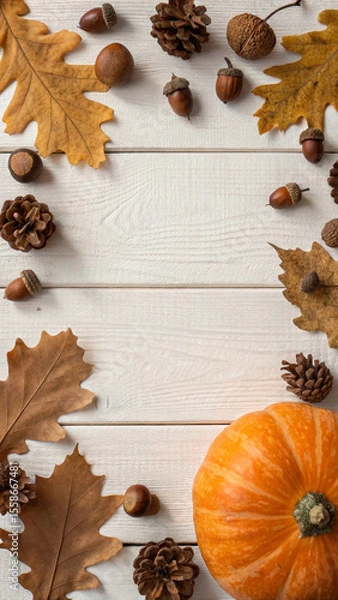 Fototapeta Pumpkin, dry leaves, pine cones, acorns, cinnamon sticks, and brown cozy blanket are arranged on a white wooden background, creating a warm and inviting autumn atmosphere with copy space
