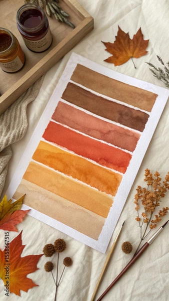 Fototapeta Cozy autumn atmosphere with a warm color palette, inspiring creativity with dried leaves, pine cones, a sketchbook, a warm beverage, and a soft sweater, perfect for fall themed projects