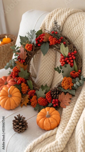 Fototapeta Festive autumn wreath featuring pumpkins, berries, pine cones, and eucalyptus leaves resting on a soft, knitted blanket draped over an armchair, celebrating fall's warm colors