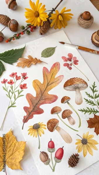 Fototapeta Watercolor painting of mushrooms, leaves, and berries on white paper surrounded by real autumn leaves, acorns, pine cones, and berries with paint palette and brush creating an autumnal atmosphere