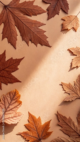 Fototapeta Warm sunlight illuminating a brown leaf against a beige backdrop, casting soft palm tree shadows and evoking a serene autumnal atmosphere filled with natural beauty