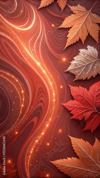 Fototapeta Vibrant autumn leaves gracefully adorn a mesmerizing abstract red background, embellished with luminous golden glitter trails, creating a captivating seasonal atmosphere