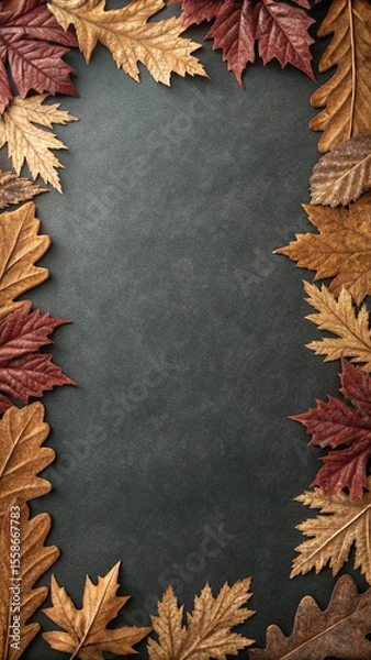 Fototapeta Vibrant autumn leaves creating a beautiful frame on a dark textured background, capturing the warm and earthy tones of fall with a touch of atmospheric charm