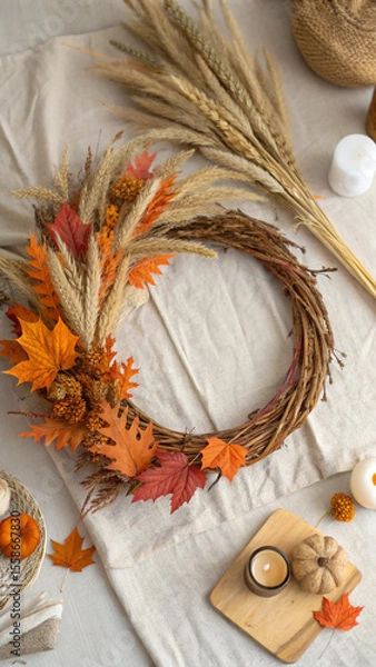 Fototapeta Crafting a beautiful autumn wreath on a table, adorned with dried flowers and vibrant fall leaves, surrounded by candles and pine cones, creates a warm, inviting atmosphere