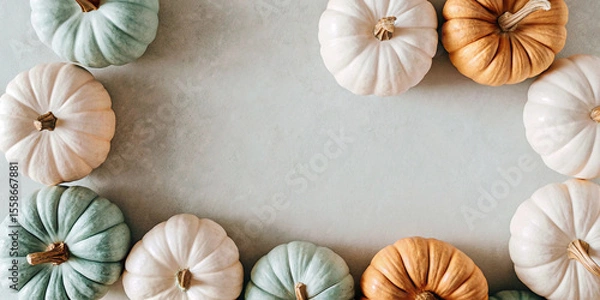 Fototapeta Stylish pastel colored and gold pumpkins forming a decorative frame on a light background, capturing the essence of autumn and halloween with a touch of elegance