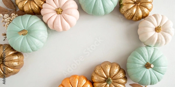 Fototapeta Stylish pastel colored and gold pumpkins forming a decorative frame on a light background, capturing the essence of autumn and halloween with a touch of elegance