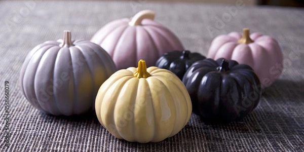 Fototapeta Pastel colored pumpkins are arranged on a textured surface, evoking the spirit of autumn and halloween with their varied hues and festive arrangement