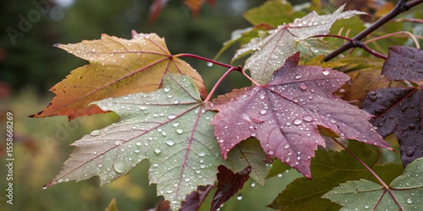 Fototapeta Beautiful maple leaves displaying a vibrant array of autumn colors, glistening with raindrops on their surfaces, creating a moody and evocative atmosphere in nature's fall scenery