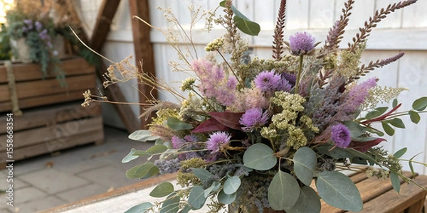 Fototapeta Purple and beige dried flowers and ornamental grasses create a rustic autumn atmosphere in a metal container, evoking the warmth and beauty of the fall season