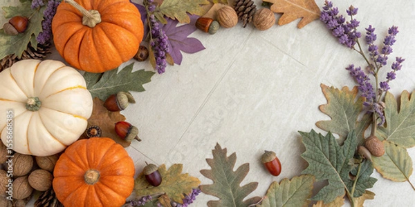 Fototapeta Colorful pumpkins, acorns, dry leaves, walnuts, pine cones, and lavender flowers are creating a beautiful autumnal frame on a textured surface, perfect for thanksgiving or halloween projects