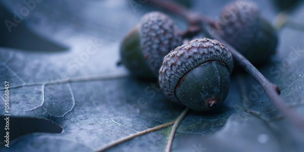 Fototapeta Close up of acorns resting on a textured oak leaf, evoking the serene and melancholic atmosphere of autumn, with soft, cool tones enhancing the natural beauty of the scene