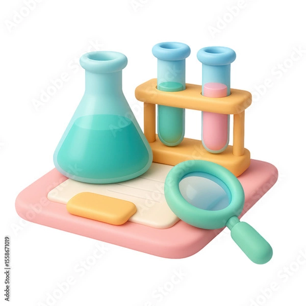 Fototapeta Colorful 3D claymorphic laboratory equipment with flasks, test tubes, and a magnifying glass on a work surface