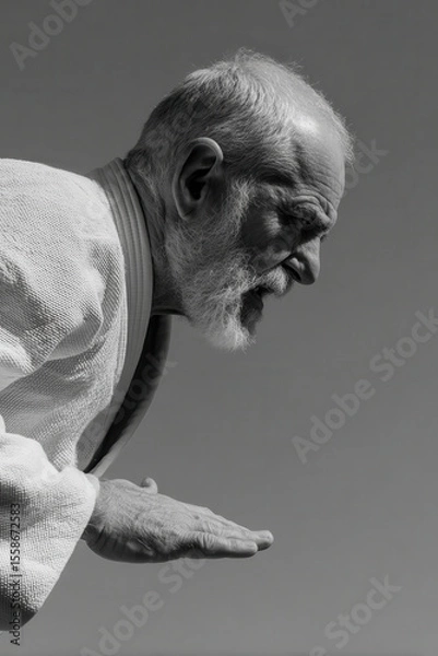 Fototapeta aikido practitioner in motion captured in dynamic pose face showing intense emotion left side of frame hands out of