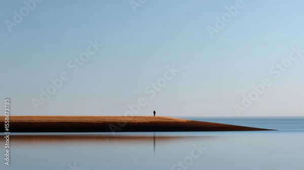 Fototapeta serene scene of lone figure standing at edge of reservoir in canada during sunrise