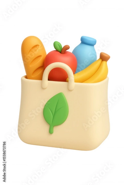 Fototapeta Colorful claymorphic grocery bag filled with fresh produce and essentials on transparent background