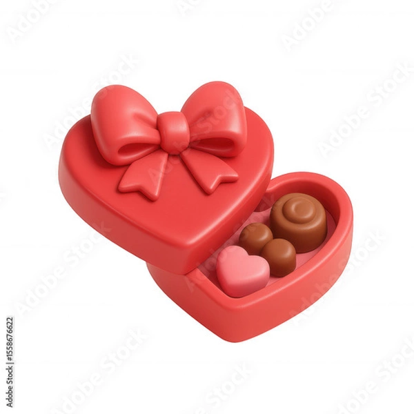 Fototapeta 3D claymorphic heart-shaped box with assorted chocolate candies on transparent background