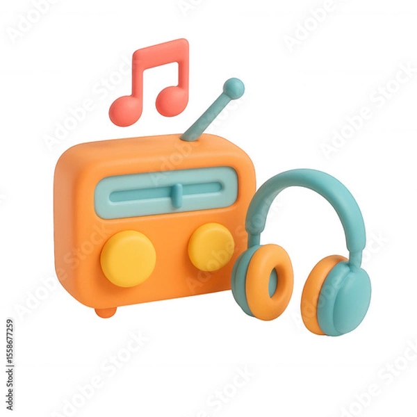 Fototapeta Colorful claymorphic radio with headphones featuring a musical note on a transparent background