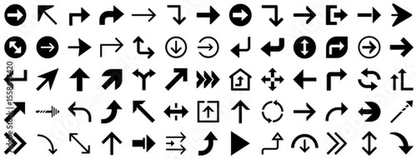 Fototapeta Flat Directional Arrow Symbol Set. Curved, Bold, and Geometric Arrows with Rotation, U-Turn, Diagonal, and Double Sided Icons for UI Navigation, Infographics, and Web Interface. Vector Illustration