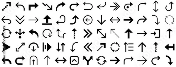 Fototapeta Flat Arrow Direction Icon Set. Bold and Curved Arrows with U-Turn, Pixel, Loop, and Diagonal Symbols for Navigation, UI Elements, Web Maps, and Interface Pointers