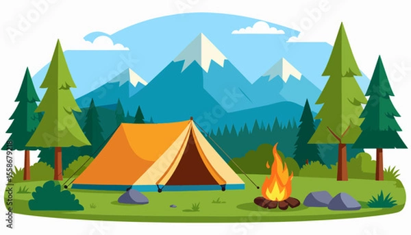 Fototapeta A camping scene features a tent campfire and mountain backdrop depicting an outdoor adventure