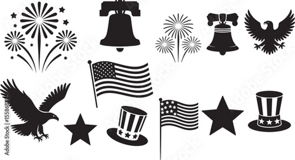Fototapeta Black And White Silhouette Graphics American Flag Eagle Fireworks Liberty Bell Uncle Sams Hat Stars Patriotic