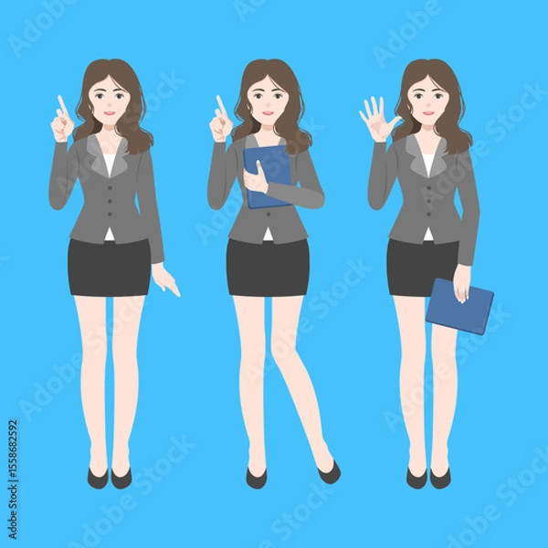 Obraz working woman, business woman in her dark suit. she holds her tablet, notebook with various posture. flat vector, illustration design.