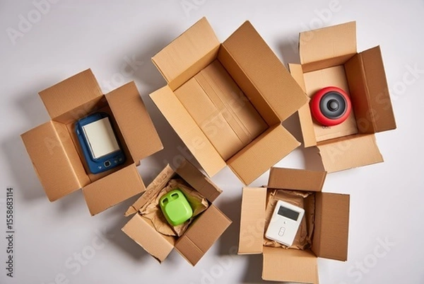 Fototapeta Collection of open cardboard boxes with various items inside, including a blue device, green container, red speaker, and white gadget, arranged artistically on a light background for visual appeal