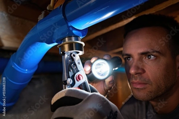 Fototapeta Male plumber using adjustable wrench to fix blue plumbing pipe under a sink, illuminated by flashlight, showcasing detailed craftsmanship and focus on repair work in a dimly lit environment