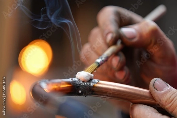 Fototapeta Skilled technician applying flux to copper pipe with brush, demonstrating soldering technique in workshop, with warm glow of flames in background enhancing the craftsmanship atmosphere