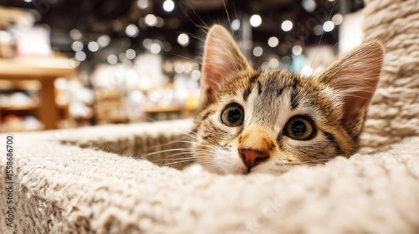 Fototapeta Close-up of playful kitten peeking from cozy pet bed on store shelf with soft fur and fabric texture in warm lighting