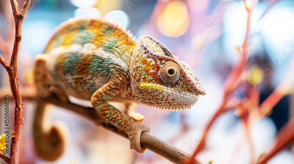 Fototapeta Close-up of exotic chameleon gripping a tree branch inside glass terrarium with soft pet store lighting and blurred reflections