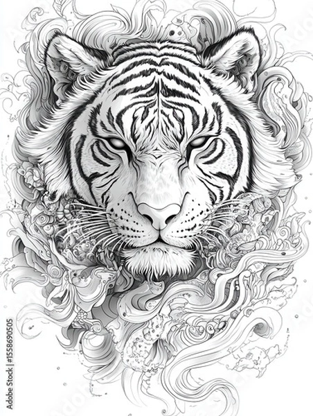 Fototapeta Intricate Black and White Illustration of a Majestic Tiger Face